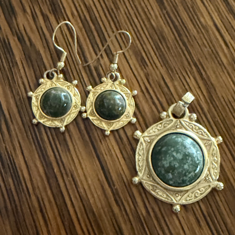 Gold-Tone Green Stone Pendant and Earring Set - Women Jewelry